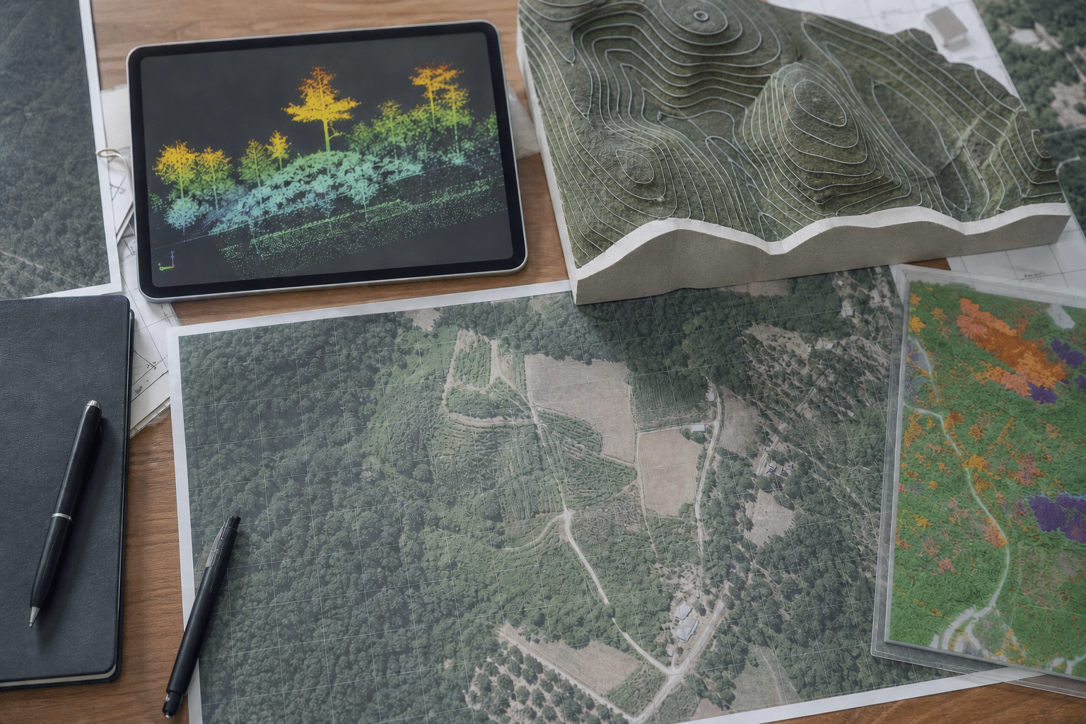 Mesa técnica con ortofoto, nube LiDAR y modelo del terreno para formación geomática