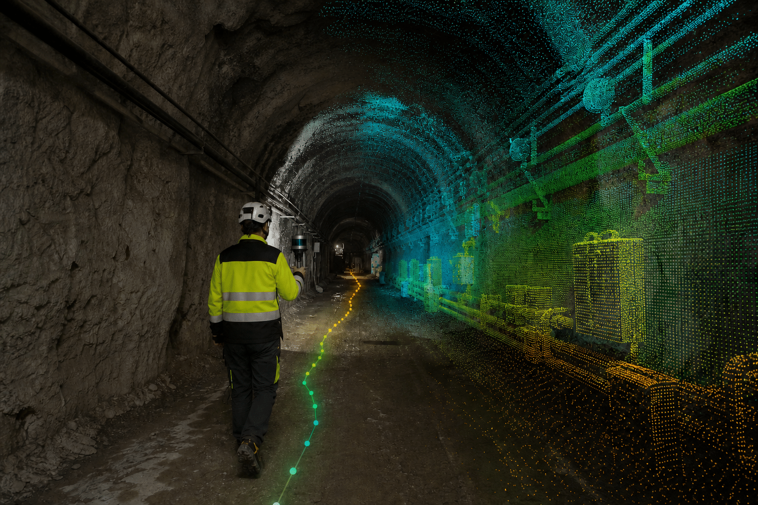Levantamiento LiDAR SLAM de mano en túnel con generación de nube de puntos en tiempo real