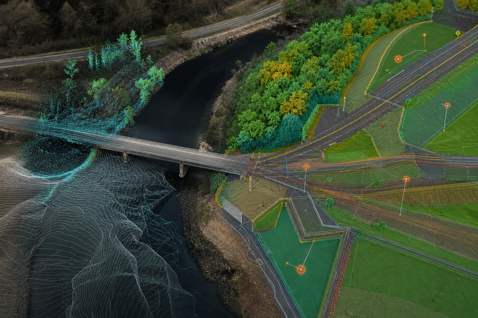 Infraestructura analizada con ortofoto, LiDAR clasificado, modelo del terreno e inteligencia artificial